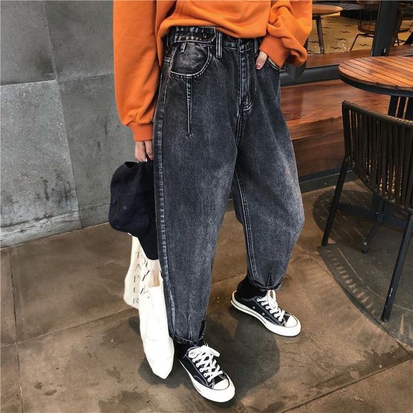 

women's jeans large korean loose high waist wide leg ankle length pants, Blue