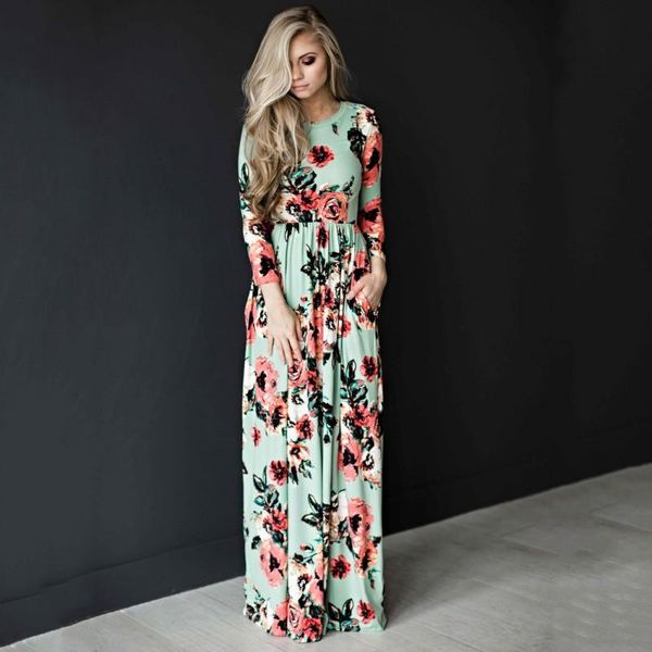 

casual dresses summer dress women printed long boho beach o-neck three quarter sleeve empire flower floor-length maxi, Black;gray