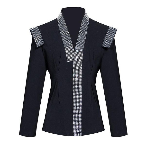 

seebeautiful new fashion 2020 autumn winter simple rhinestone stitching v-neck long sleeve loose coat single suit woman q592, White;black