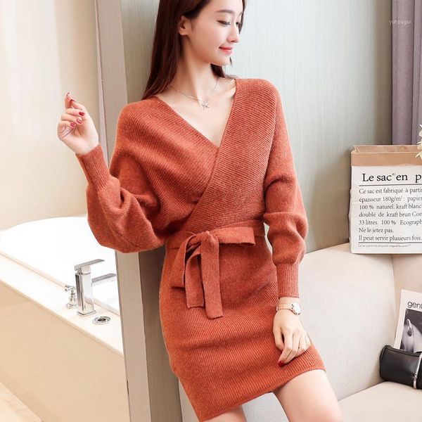 

fall / winter 2020 v-neck lace up long sleeve women's dress fashion new lace up long sleeve women's sweater dress1, Black;gray