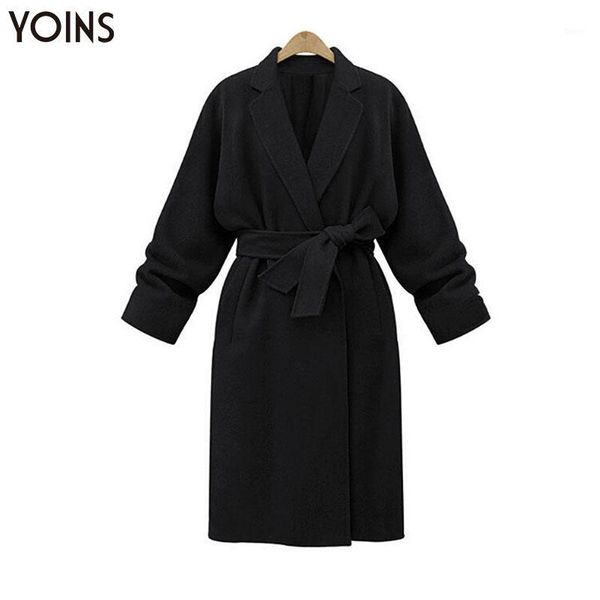 

yonis 2019 autumn winter spring women trench coats lapel jackets selft-belt v-neck loose long sleeves casual basic work outwear1, Black