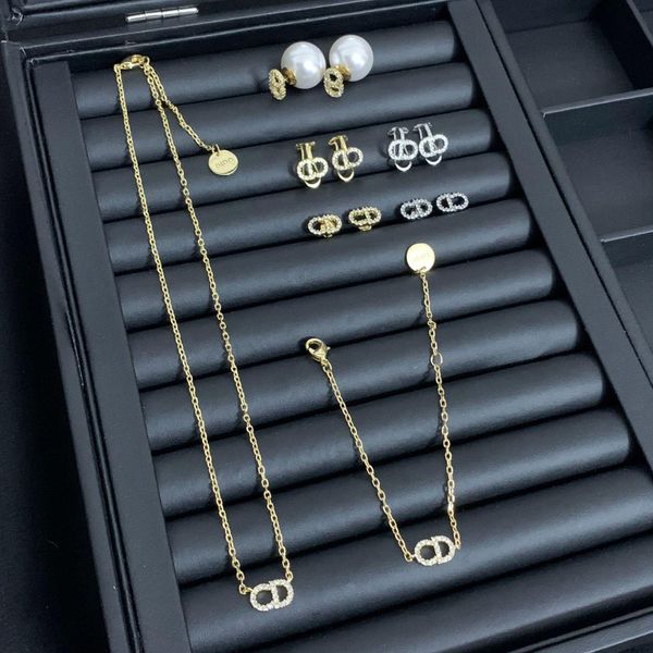 

d family/di family classic cd letter full diamond pearl earrings female web celebrity necklace bracelet with niche design, Silver