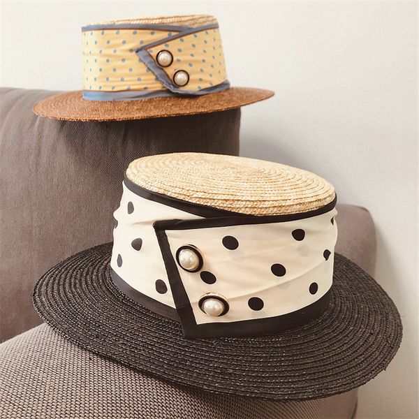 

lady elegant pearl hat fashion circle dot hat black wide brim hats women resort beach hats for garden party, Black;white