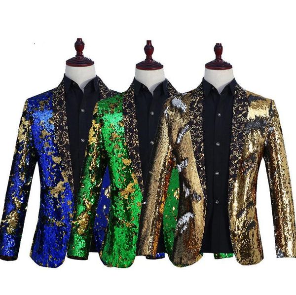 

2020 new men fashion dress tide tuxedo jacket two-color flip film sequin suit coat wedding groom male singer blazers suits, White;black