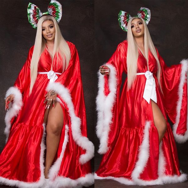 Abiti di maternità per indumenti da notte in raso di seta rossa per il servizio fotografico Abiti in gravidanza a maniche lunghe con piume Babyshower Camicie da notte Vestaglie Involucri Cosplay