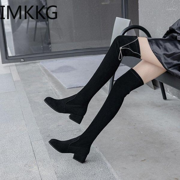 

2020 autumn winter elastic flock slim fit over the knee boots women med heel ladies high heel thigh high botas shoes1, Black