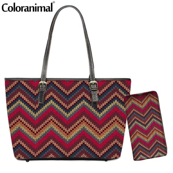 

coloranimal 2pcs/set women handbag&wallet pretty ethnic knitted jacquard geometric pattern shoulder bag for lady handle bag