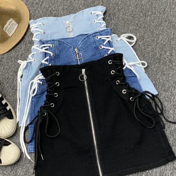 

denim a line lace up skirts women front ring zipper fashion empire mini skirt bottoms women drop shipping, Black