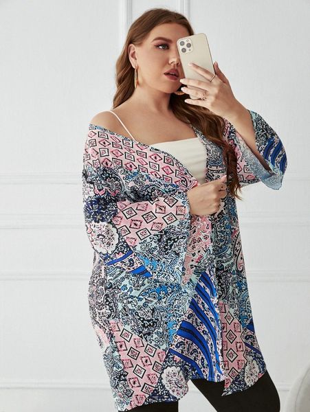 

plus allover print open front kimono t7nq#, Black