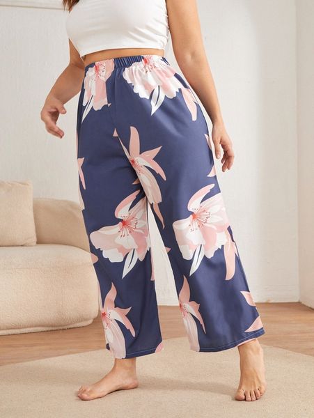 

plus floral print sleep pants 164i#, Black;white