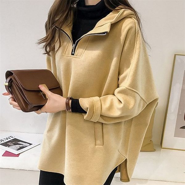 

hoodie casual women autumn winter korean japan loose long sleeve zipper sweatshirts pullover hooded 201203, Black