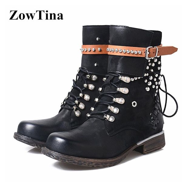 

boots women black winter genuine leather studded botas feminina strap flats boot shoes woman weave booties