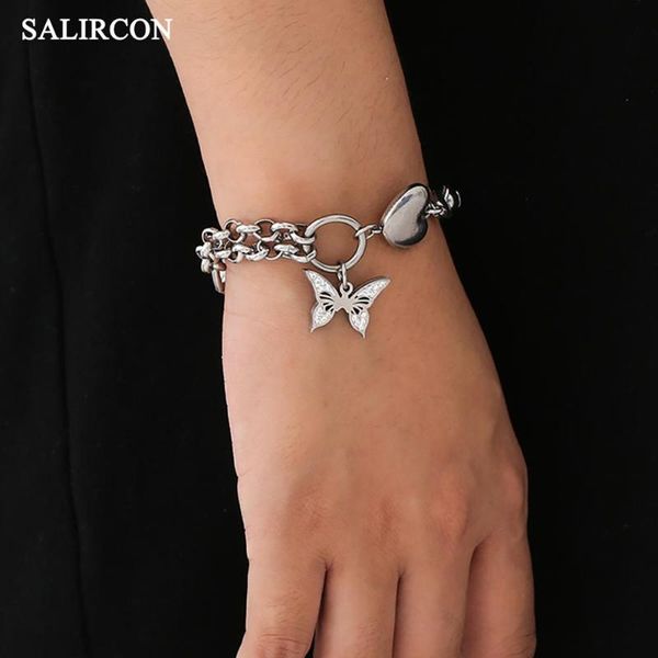 

salircon kpop stainless steel butterfly pendant bracelet for women charm heart chains bracelets on hand bangles fashion jewelry, Black