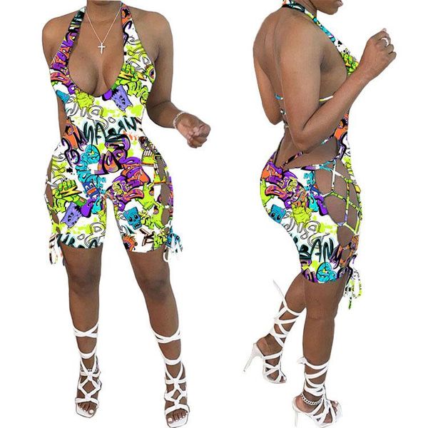 

echoine лето граффити печати женщин сексуальный холтер шеи открытый сзади v-образным вырезом bodycon bodysuit колена вверх боковой romper ле, Black;white