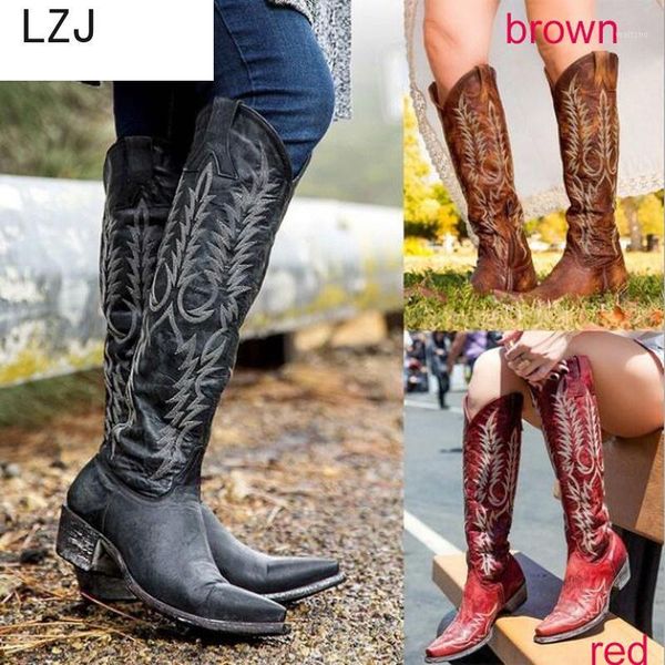 

lzj women knee high boots mid med heels round toe ethic shoes woman chaussure zapatos mujer gladiator vintage pu girl booties1, Black