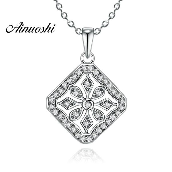 

ainuoshi luxury 925 sterling silver pendant necklace for women square halo flower long chain necklace wedding silver jewelry y200107