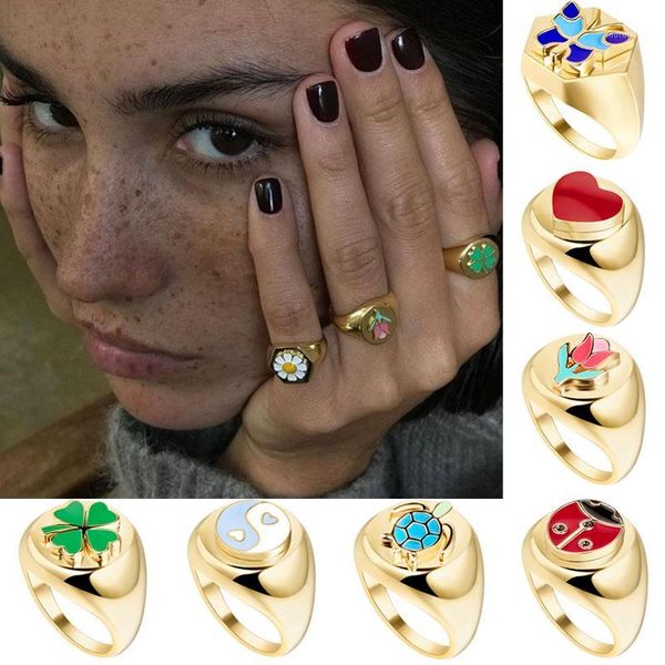

aomu glazed daisy tulip ring female fashion punk metal clover flower gold ring personality index finger tail women1, Golden;silver