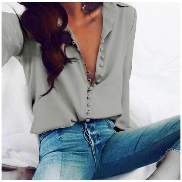 

women's blouses & shirts women for spring and summer solid color single-breasted blouse reverse collar button office shirt, White