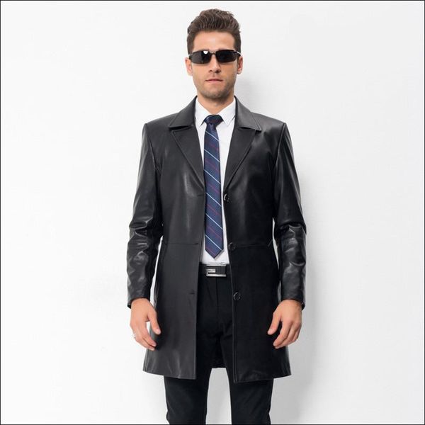 

mens windbreaker long 100% natural sheepskin genuine leather collar business men jacket real leather high-quality coat, Black