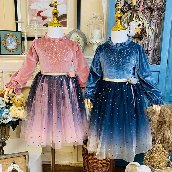 

new girl's 2020 autumn starry sky veet lace mh children's skirt girls' drs, Red;yellow