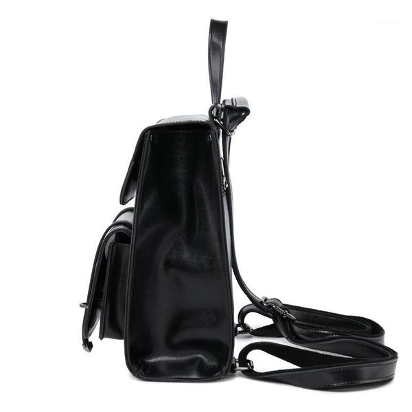 

outdoor bags women solid color oil wax leather backpack student fashion leisure book bag travel black small back pack1
