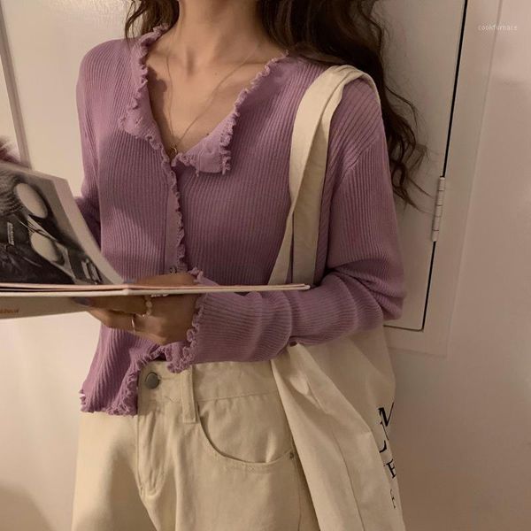 

autumn 2020 5 color curling knit cardigan thin round neck sun block shirt air conditioning shirt long sleeve for women1, White