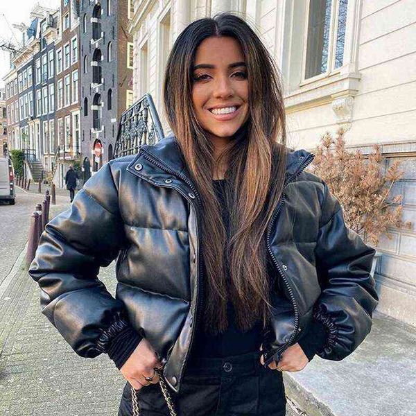 

fashion women down coat pu leather jacket female stand collar warm ladies short jackets zipper pockets casual winter coats 211221, Black