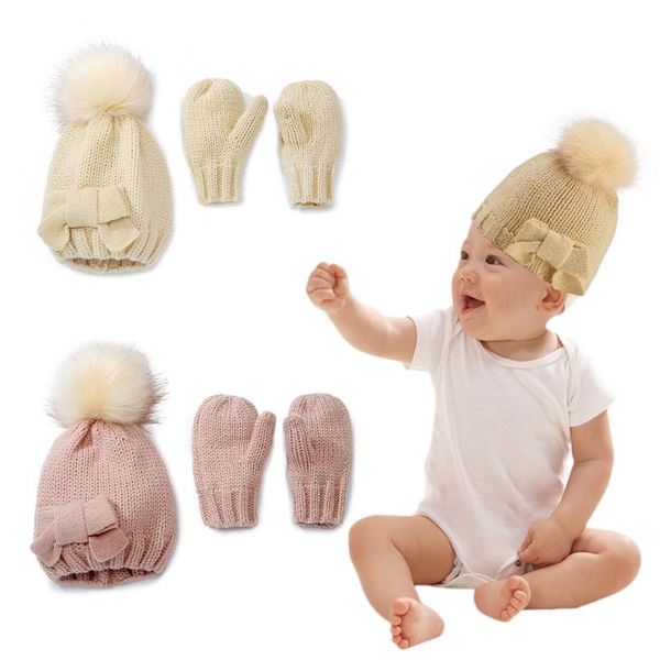 2020 Presentes Baby chapéu e nos Mittens Set Crianças malha de algodão do Beanie Cap inverno quente Rapazes Meninas dobro Pompom Chapéus Luvas Xmas