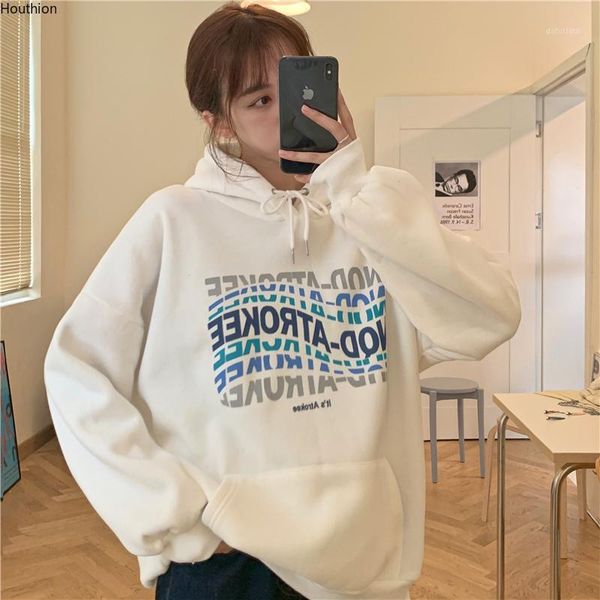 

houthion women sweater the new fashion temperament winter loose plus velvet letter printing pocket long sleeve hooded pullovers1, White;black