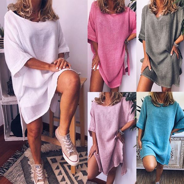 

2020 dresst футболка летнего платья нового платье сплошного цвет сыпучие 7 4 рукава случайного хлопка конопля футболка it8rs, Black;gray