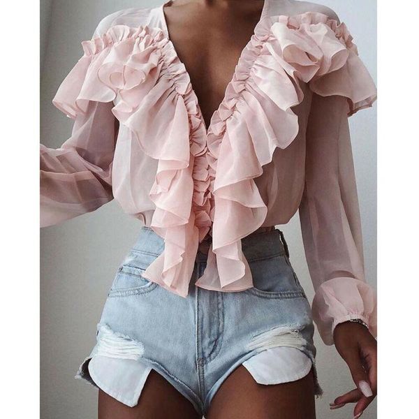 

Womens Tops and Blouses Chiffon Solid Color V-Neck Ruffle Blouse Elegant Long Sleeve Shirt Ladies Dames Sweetwear blusa feminina, White