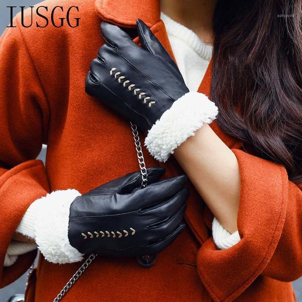 

five fingers gloves pure sheepskin genuine leather winter real casnmere fur lining fleece mitten bold stitching hand warmer luxury finger1, Blue;gray