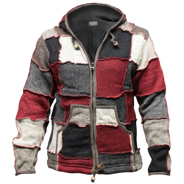 

retro men distressed stitching cardigan sweater autumn winter casual hooded jumpers plus size 4xl color matching outerwear 201118, White;black