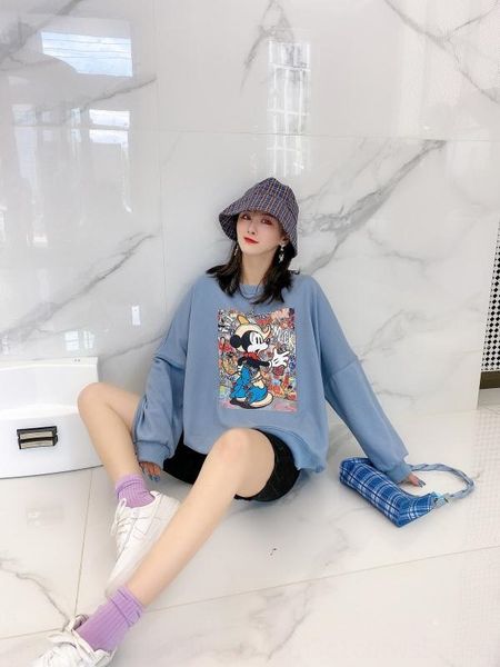 

модная женская модель печататься свободно crew верхней части свитер шеи длинным рукавом свитера новые свободные длинным рукавом fxzbk, Black