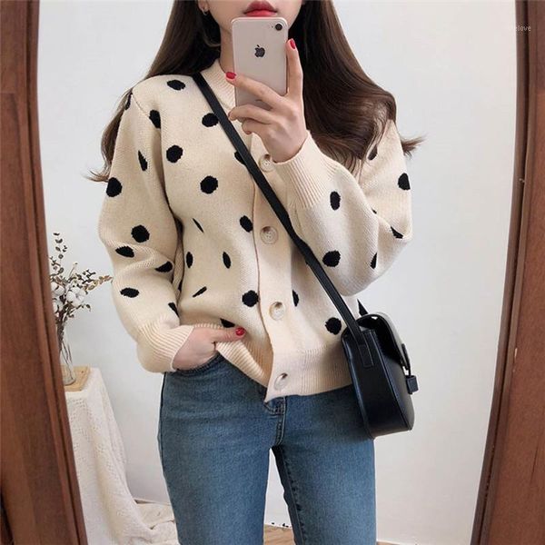 

2 colors 2019 spring polka dot knitted sweater womens long sleeve cardigans womens (c9210)1, White;black