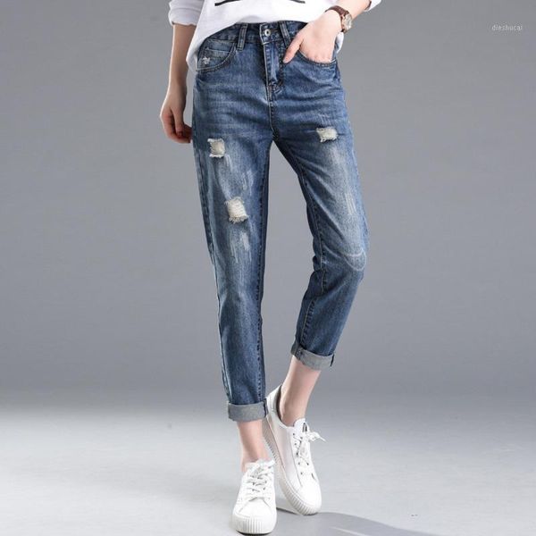 

2020 winter solid wash ripped boyfriend jeans for women high waist skinny jeans woman plus size denim pencil female mom1, Blue