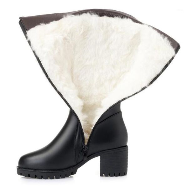 boots 2021 winter knight high cowhide plus plush wool women warm snow heels non-slip size women1, Black