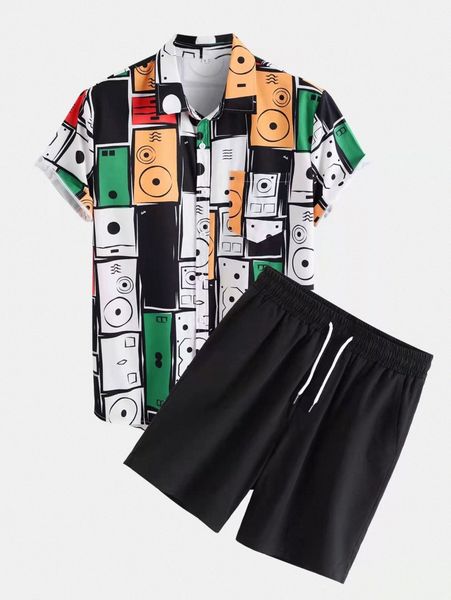 

men random geo print shirt & drawstring waist shorts z9w7#, Gray