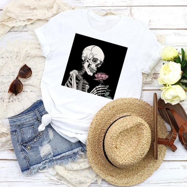 

women graphic skull funny floral flower fashion summer fall 90s print female t shirt shirt tees clothing womens t-shirt, White