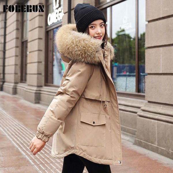 

forerun winter coat women fleece cotton padding fur hooded slim waist drawstring thick long jacket solid parkas mujer 20201, Black