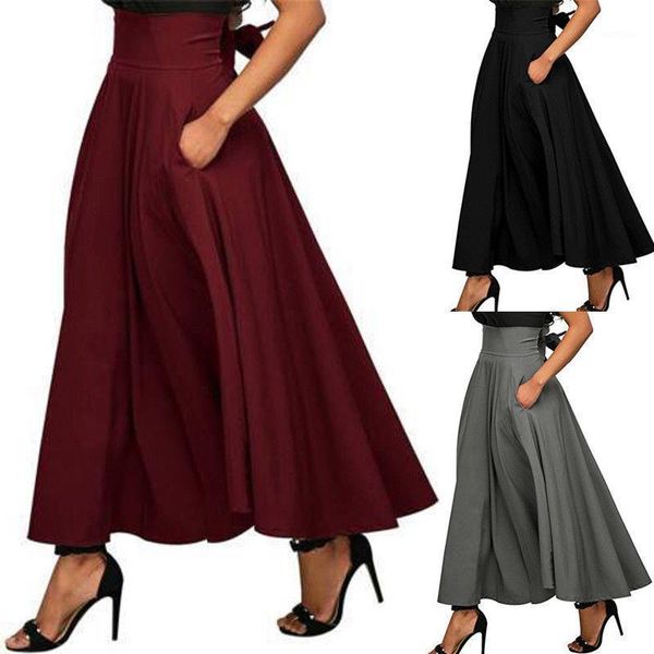 

new elegant fashion women high waist flared pleated long skirts gypsy maxi skirt +pockets 5 sizes long skirt skirts womens1, Black