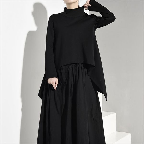 

eam] 2020 new spring autumn high collar long sleeve black irregular hem loose big size sweatshirt women fashion tide jk3970