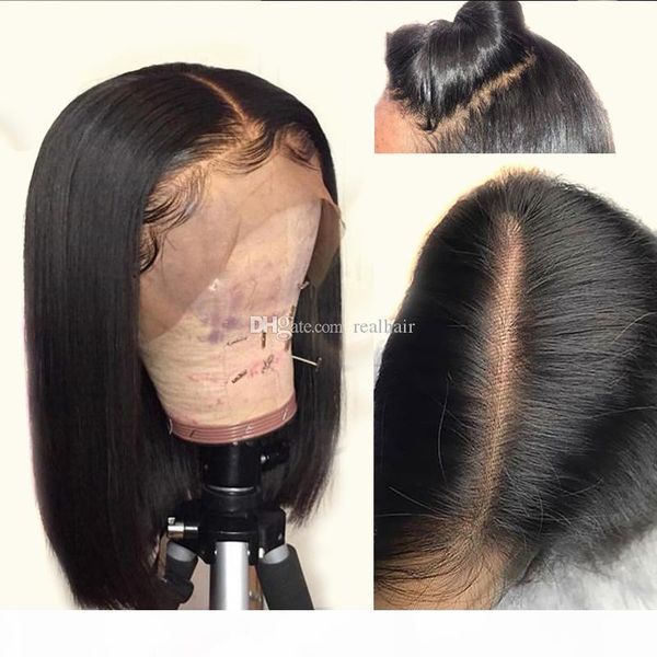 

13x6 deep part human hair lace front wigs with baby hair silky straight brazilian virgin short bob wigs for black women, Black;brown