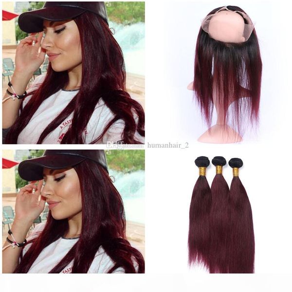 

two tone 1b 99j burgundy dark root ombre straight virgin human hair 3 bundles with 360 full frontal lace band closure 4pcs lot, Black;brown