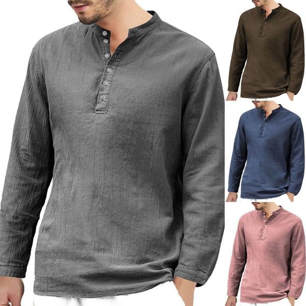 

2021 new style men's baggy cotton linen long sleeve button retro v neck t shirts blouse high quality, White;black