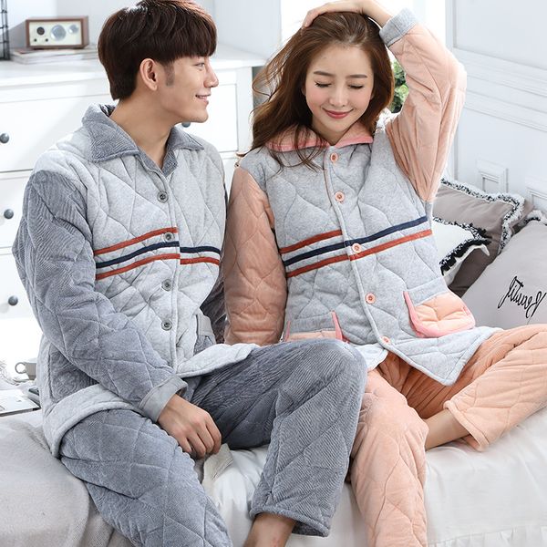 

couple 3 layers quilted sets men and women thicken pijamas coral fleece sleepwear home wear warm pajamas lover pyjamas, Black;brown