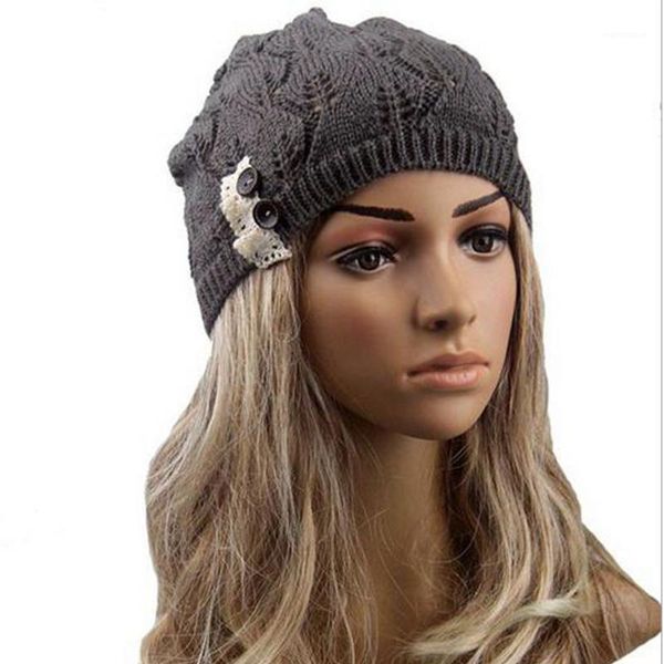 

women new knitted caps winter warm beret hat knitted beanie fashion hats with buttons eig881, Blue;gray
