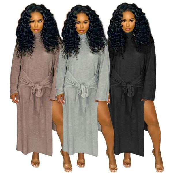 

casual dresses chocomist dress solid lace-up design split a6613, Black;gray