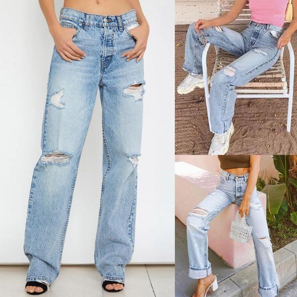 

fashion jeans for womens button ripped zipper pocket trousers jeans casual denim pants das senhoras l421, Blue