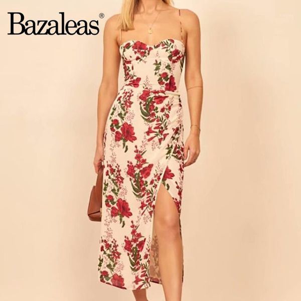 

bazaleas holiday floral print split summer dress spaghetti strap women midi dress vintage side ruch women chiffon vestidos1, Black;gray